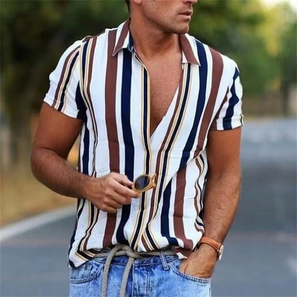 Men\'s Luxury Shirt Social Nightwear Striped Fashion Shirt with Button Men\'s Short sleeved Shirt Clothing