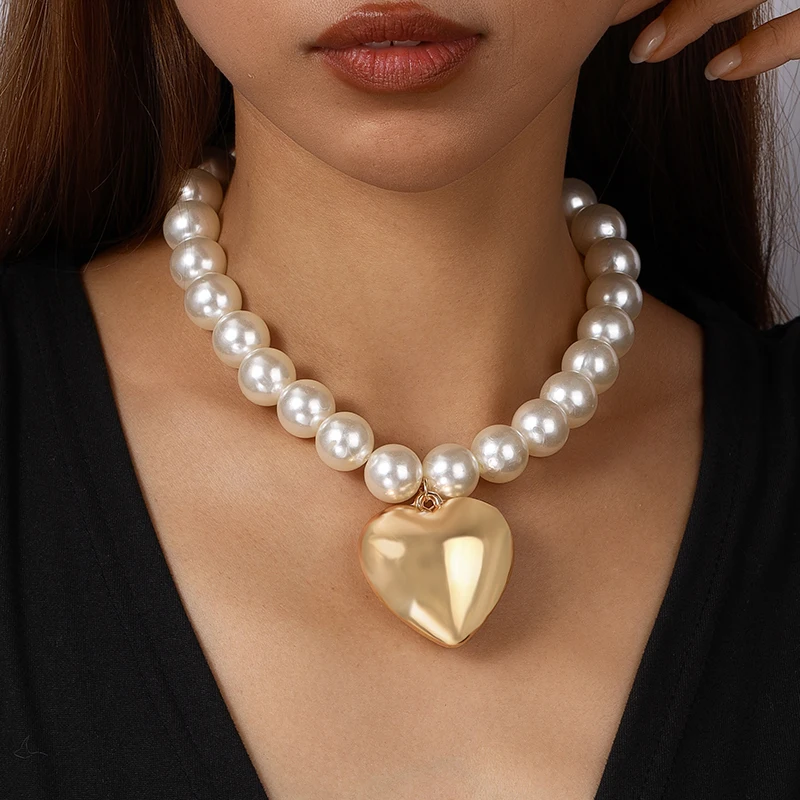 Aihua Übertriebene Imitation Perle Perlen Halskette für Frauen CCB Große Herz Anhänger Choker Halskette Schmuck Auf Den Hals Kragen – Detail 1