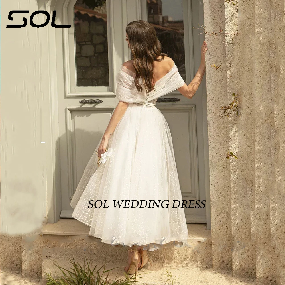 Sol Bling glitter Off The Shoulder Boho abiti da sposa per le donne innamorati Net Tulle Beach Tea lunghezza abiti da sposa Lace Up