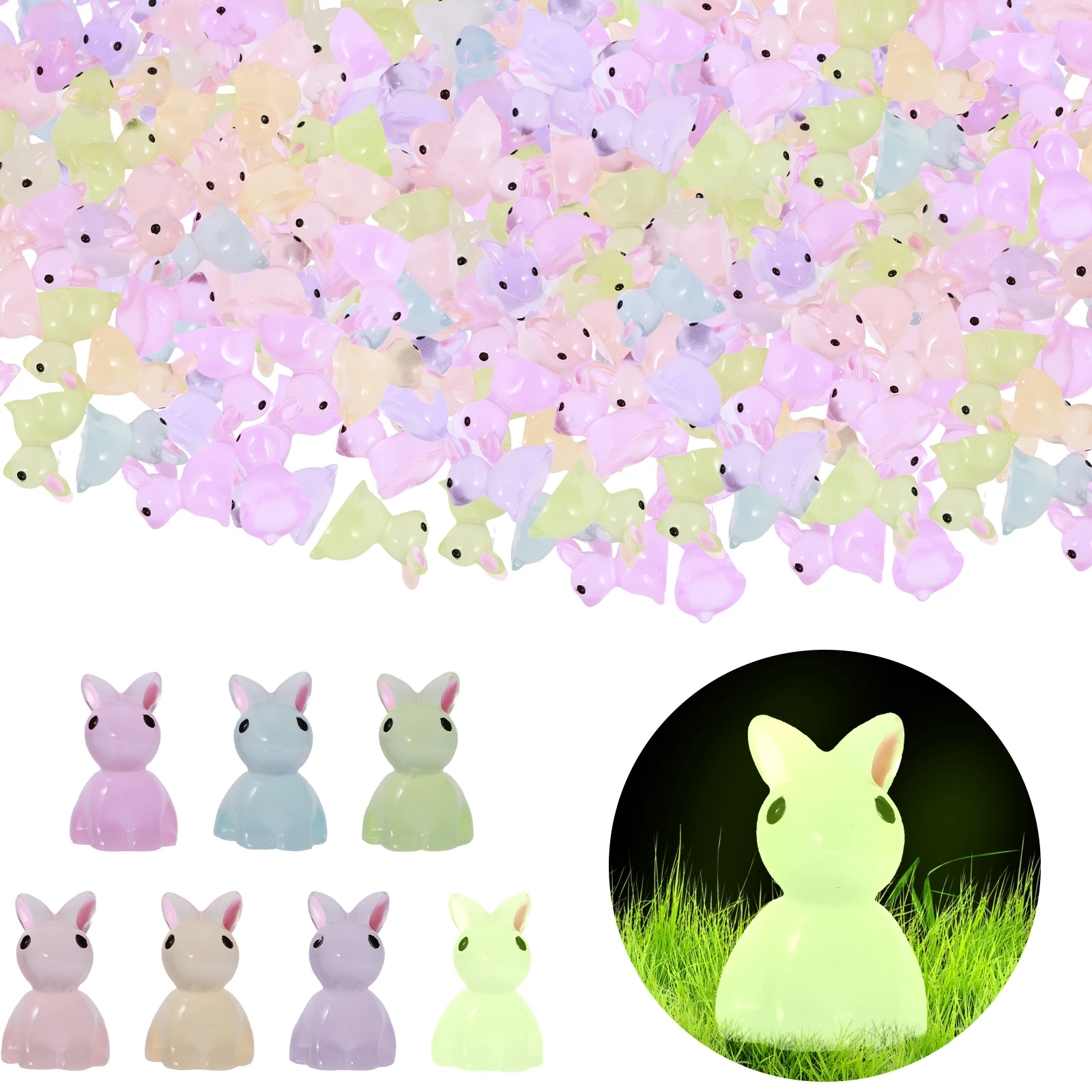 

200 Pcs Mini Resin Luminous Rabbit Luminous Mini Resin Bunny 7 Color Miniature Rabbit Figurines Glow in the Dark Garden