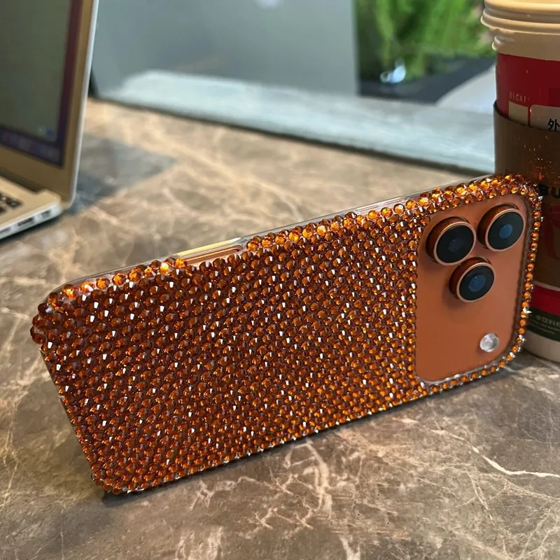 Coques de téléphone Bling Orange entièrement ornées de diamants pour iPhone 17 11 12 13 14 15 16 Pro Max Air 16e 17e Plus – Housse de luxe scintillante en strass