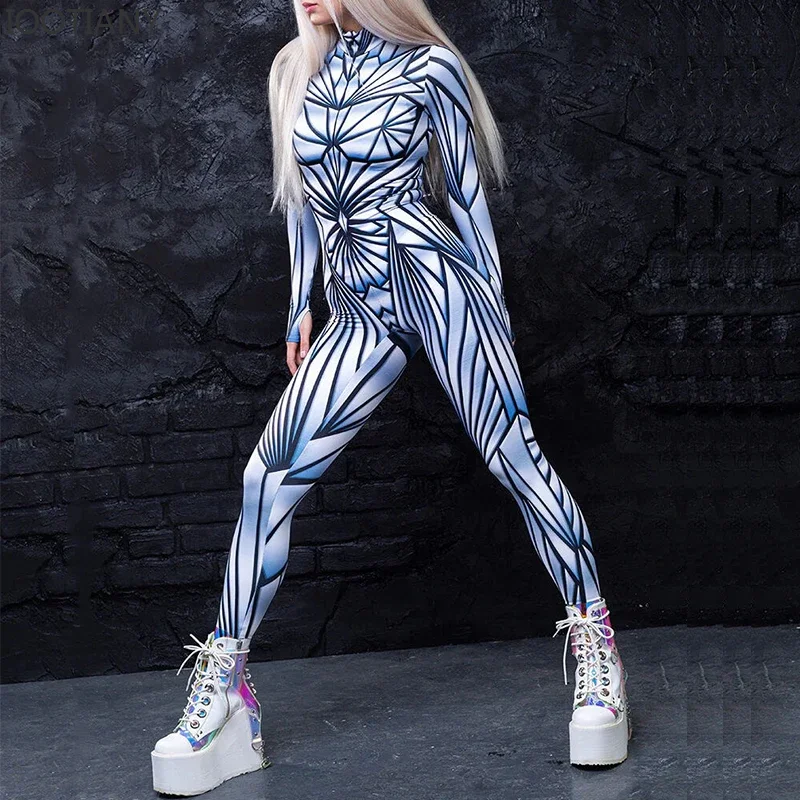 IOOTIANY Black Mirror Jumpsuits Woman Art Print Zentai Bodysuit Woman Crystal Damage Costume Girl Holiday Party Cosplay Outfit