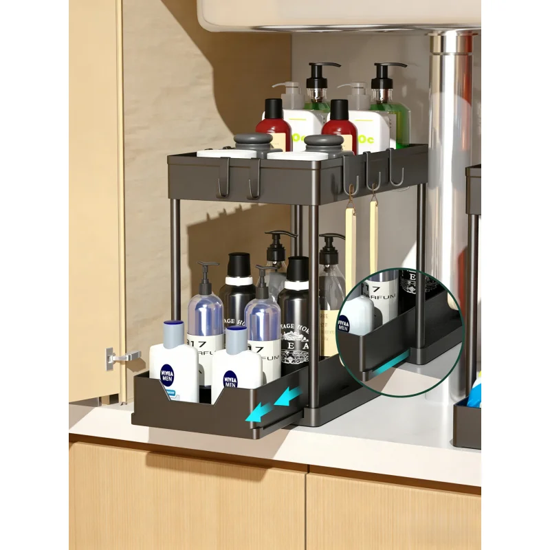 

Двухуровневая выдвижная корзина-органайзер под раковину с крючками для ванной и кухни