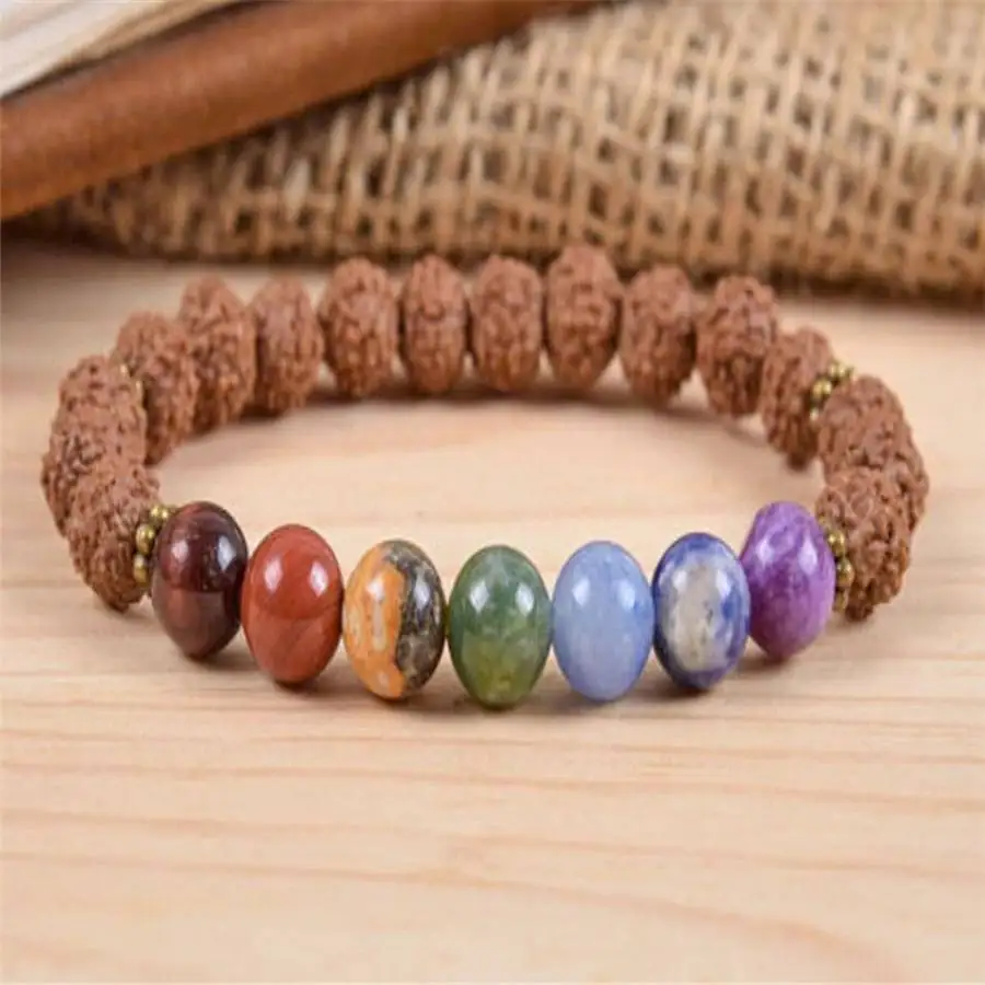 8mm Rudraksha 7 Chakras Gemstone Mala bracelet Natural stone Women Hand zazen Jewelry Chakra Mala tassel Meditation elastic view 4