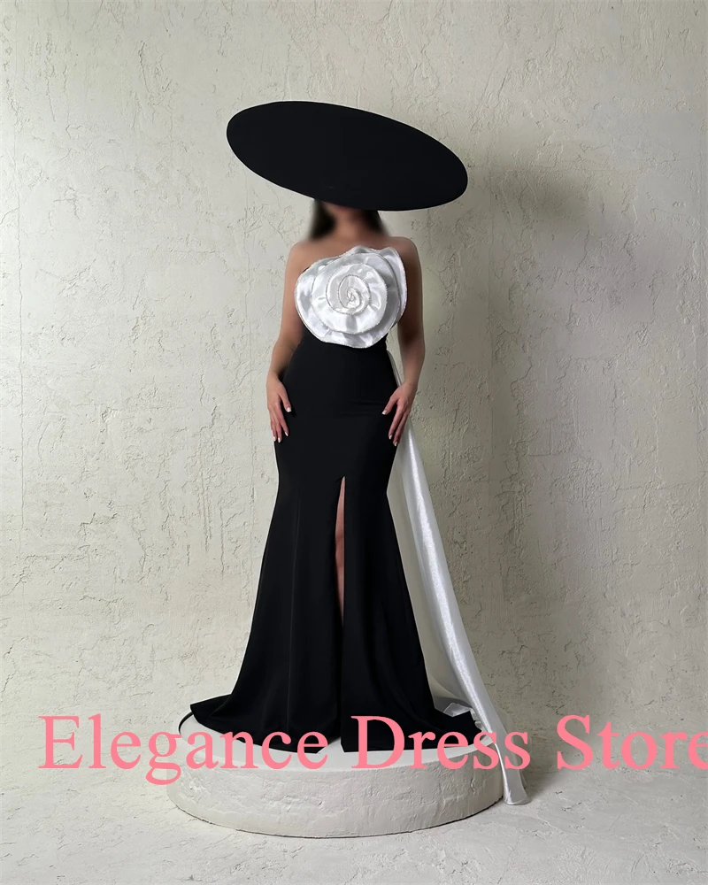 Customized Graceful Mermaid Flowers Panel Train Evening Dresses Delicate Satin Pleats Strapless Vestido De Festa Robe