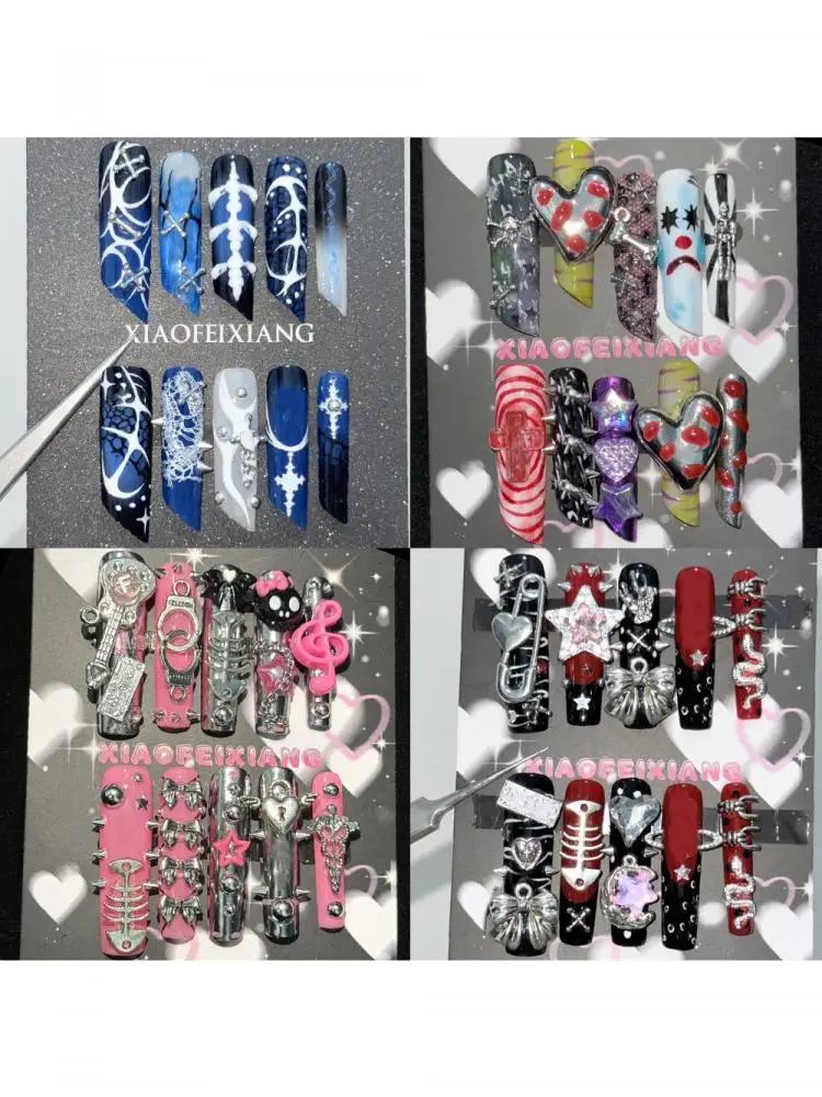 Cercueil Long en métal lourd, 10 pièces, fait à la main, presse sur ongles, dessin animé Y2K, strass 3D, Rivets, menottes, verrouillage, faux ongles détachables