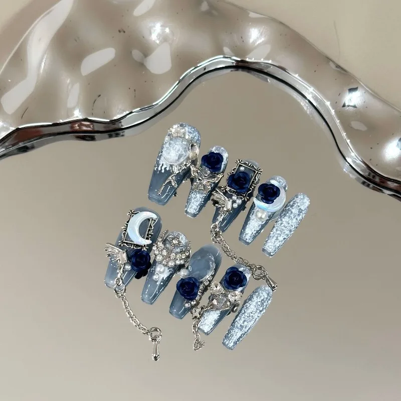 

10PCS Luxury Camellia Press on Nails Medium Coffin Blue Floral Moon Star Design Fall Winter Elegant False Nails Handmade Nails