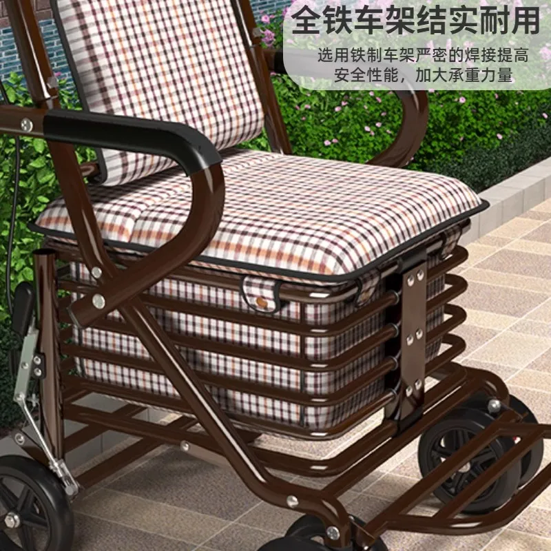 

The old man's trolley folds to travel, and the shopping trolley helps the to sit on a soft chair that can be pushed away