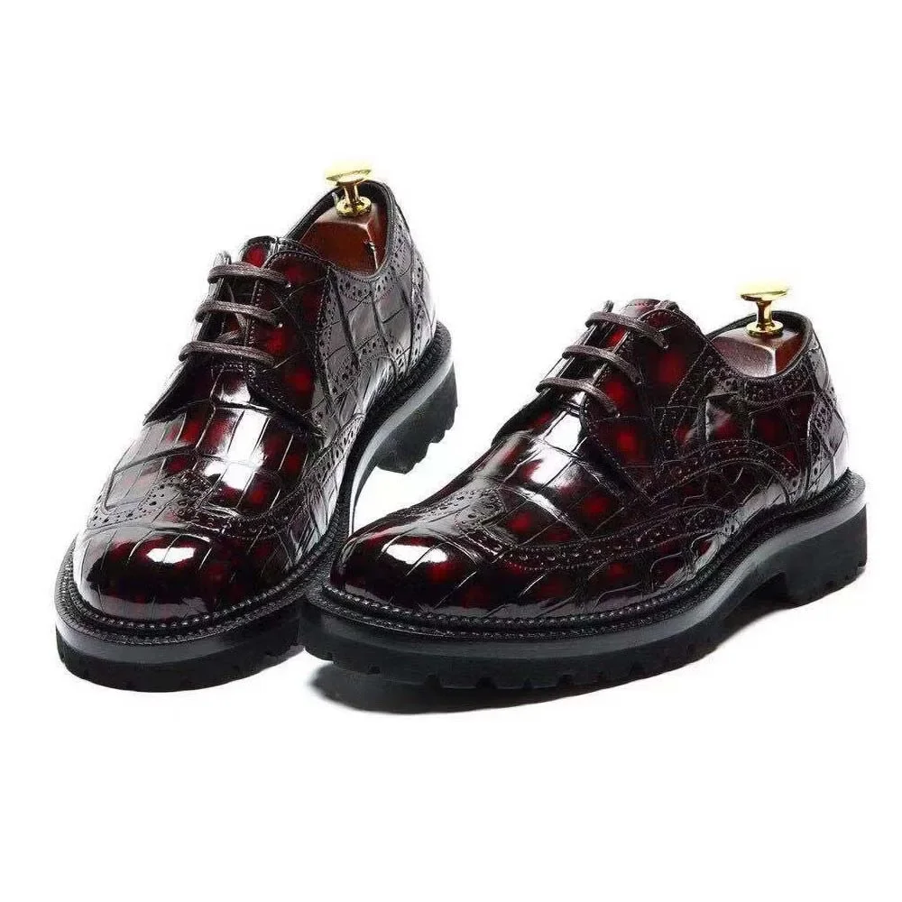 chue new men crocodile leather shoes formal  wine red Brush color Rubber soles