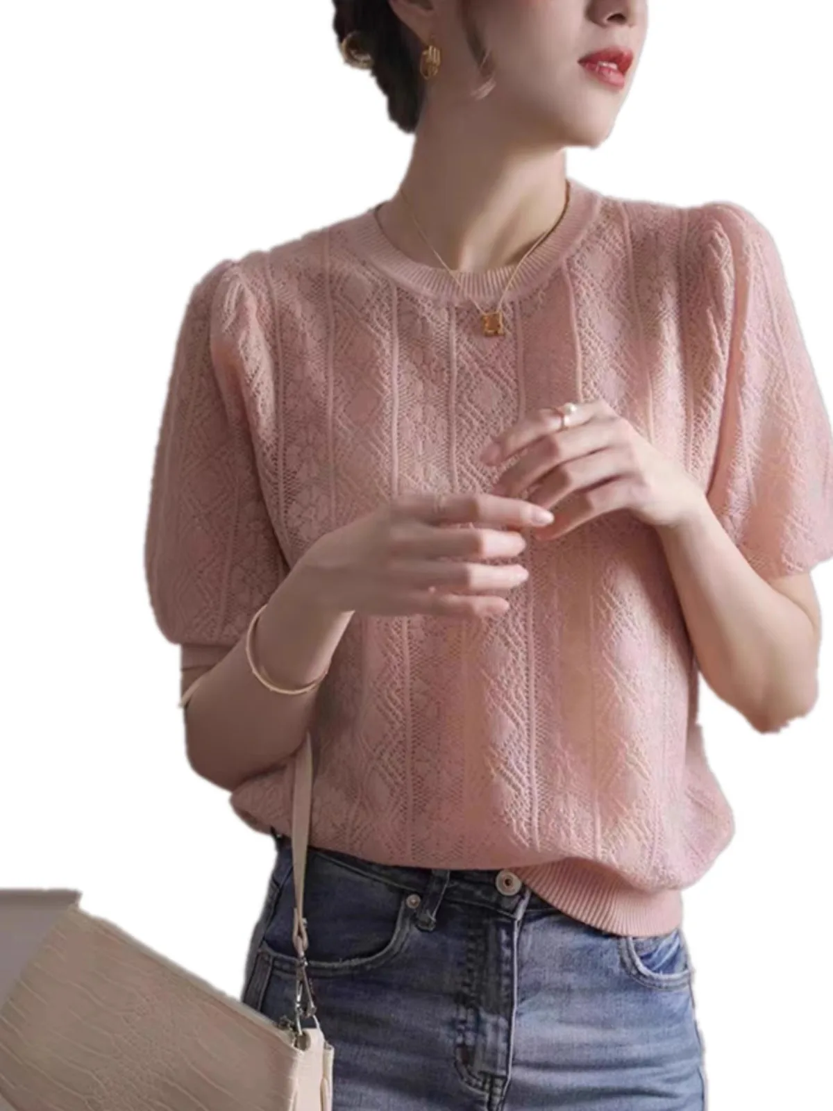 European goods new hollow thin short-sleeved knitwear women\'s summer loose  temperament round neck half-sleeved T-shirt