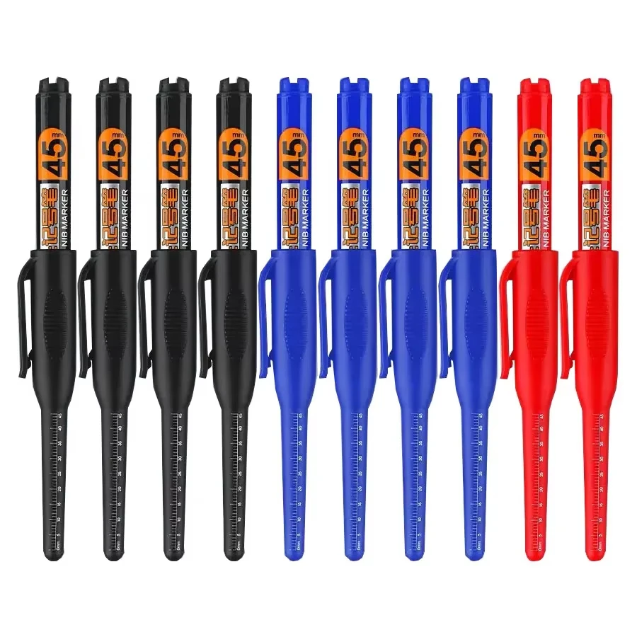 10 STKS 45 mm punt waterdichte lange kop markeerstift sneldrogende inkt voor houtbewerkingsconstructie, diep gat niet-giftig zwart rood blauw