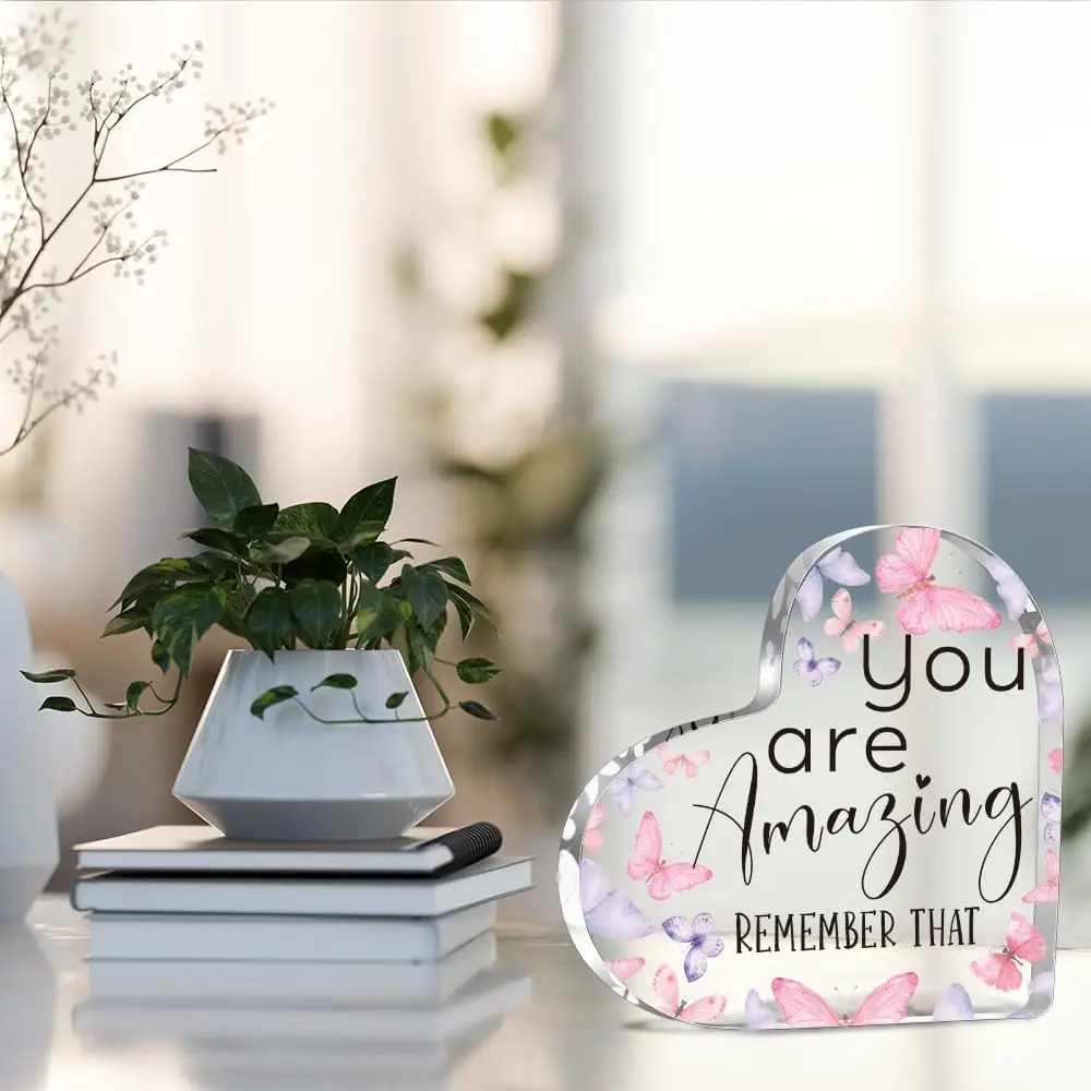 You are Amazing Pink Butterfly Inspirational Decorations Gifts for Women, Best Birthday Cheer Up Acrylic Heart Shape Keepsake Gifts for Coworker Friends