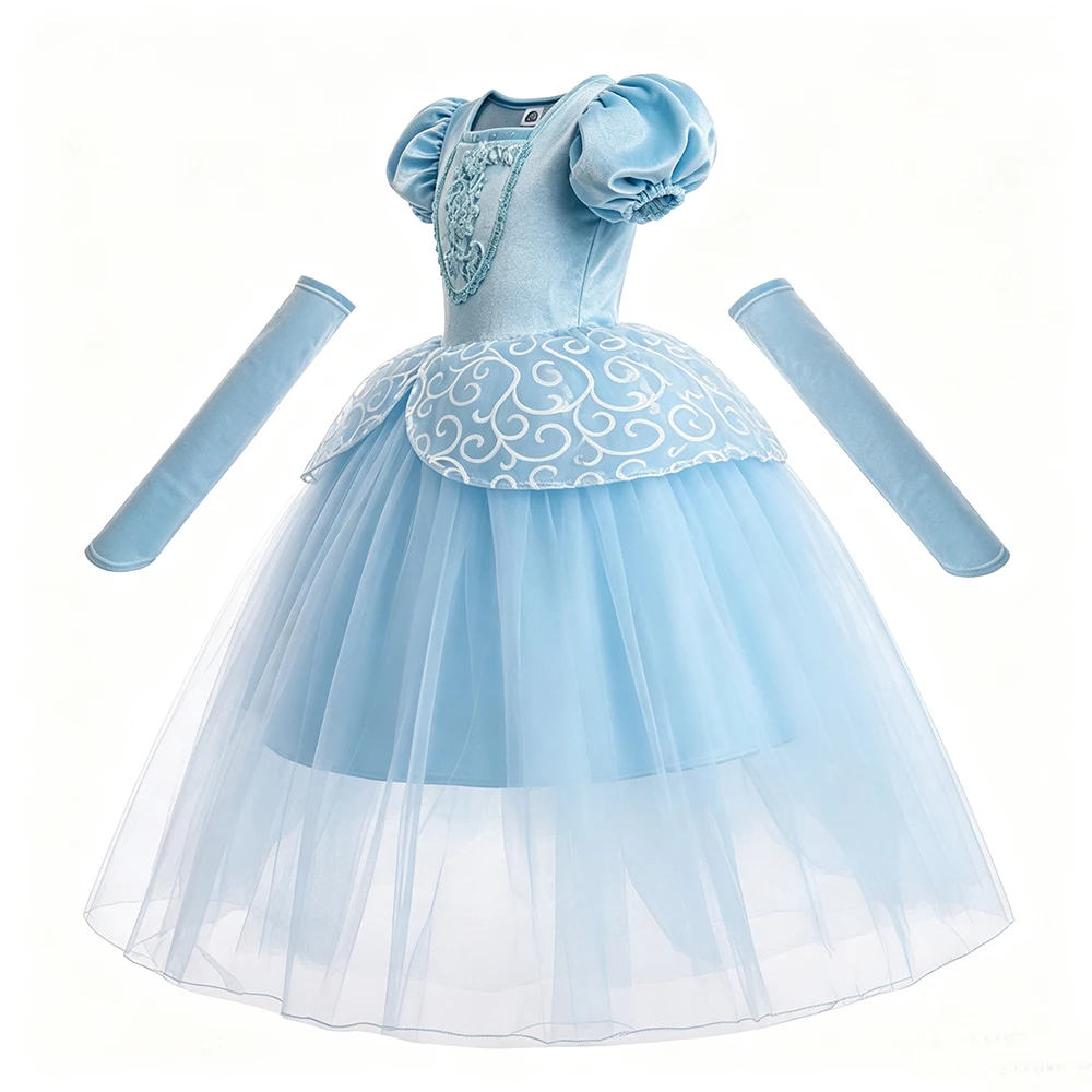 Cinderella Blaues Kurzarm-Kleid Komplettset mit Langen Handschuh-Ärmeln für Mädchen Geburtstag Ball Halloween Cosplay Kostüm – Detail 4