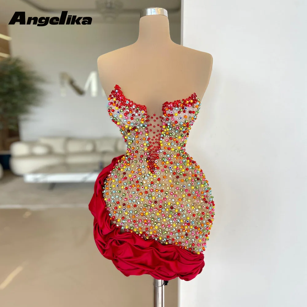 Angelika Sparkly Mini Homecoming Dress for Teens Beading Sleeveless Diamond Ruched O-neck Sheath Vestidos De Gala Customized