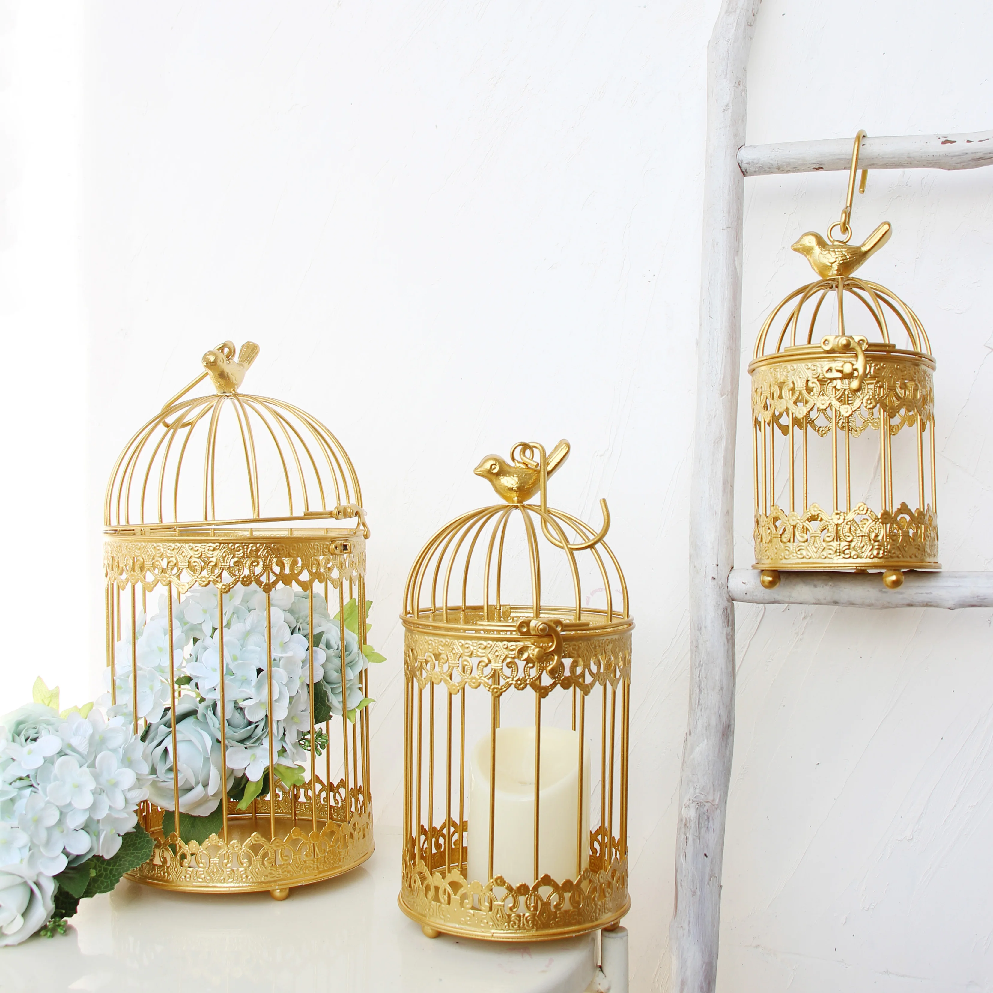 Modern iron wrought metal birdcage gold small middle Sets large bird cage decoration hanging flowerpot succulent plants