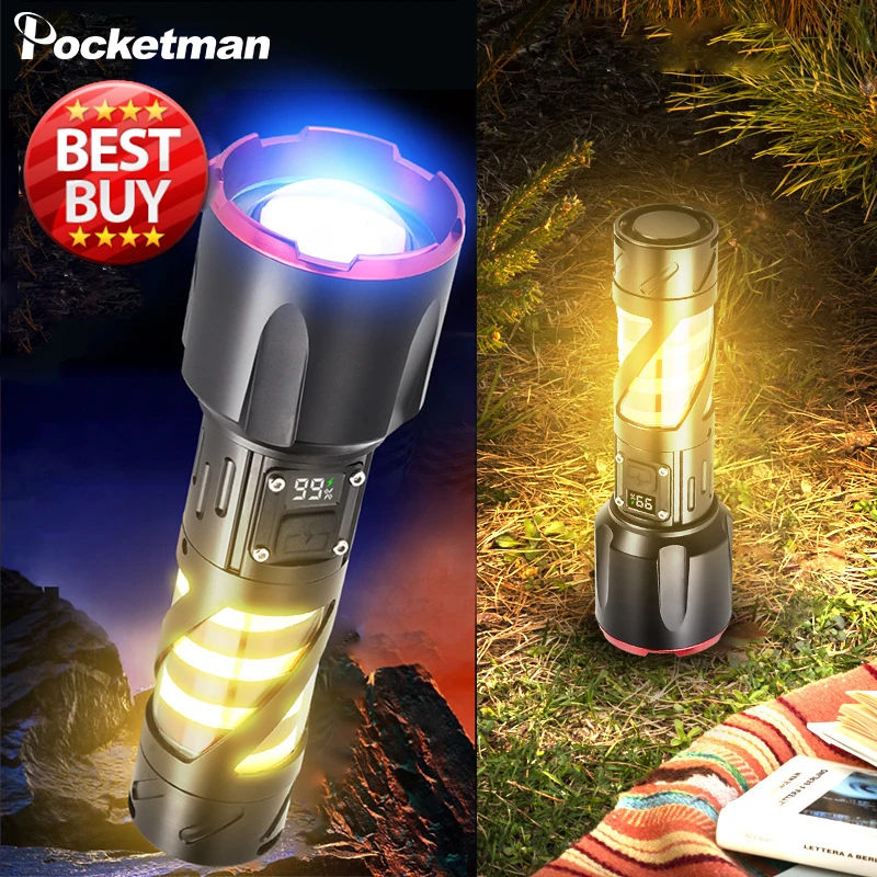 

High Power LED Flashlight with Side Lights Telescopic Zoom Torch USB Rechargeable Flashlights Outdoor Waterproof Torches