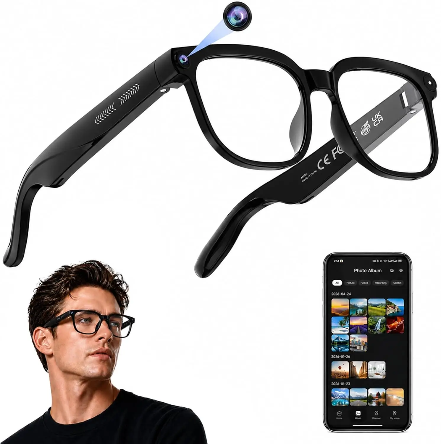 

AI Smart Glasses with 4K Camera, Real-Time Translation, Open-Ear Audio, Bluetooth, for Travel