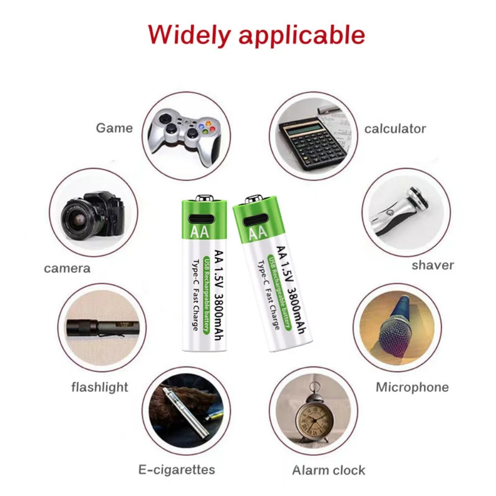 Nowa bateria AA 1.5V z możliwością ładowania przez USB, 3800 mAh, akumulator litowo-jonowy do pilota, myszy, zabawek elektrycznych + kabel Type-C — zdjęcie produktu 5