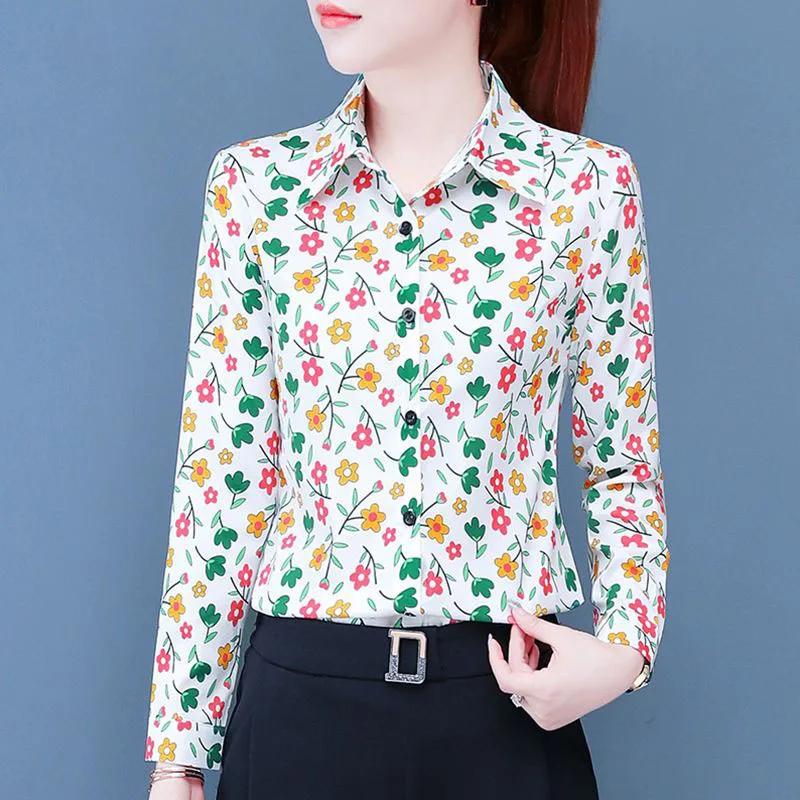 Fashion Printed Lapel All-match Floral Shirt Women's Clothing 2023 Autumn Winter New Oversized Casual Tops Office Lady Blouse