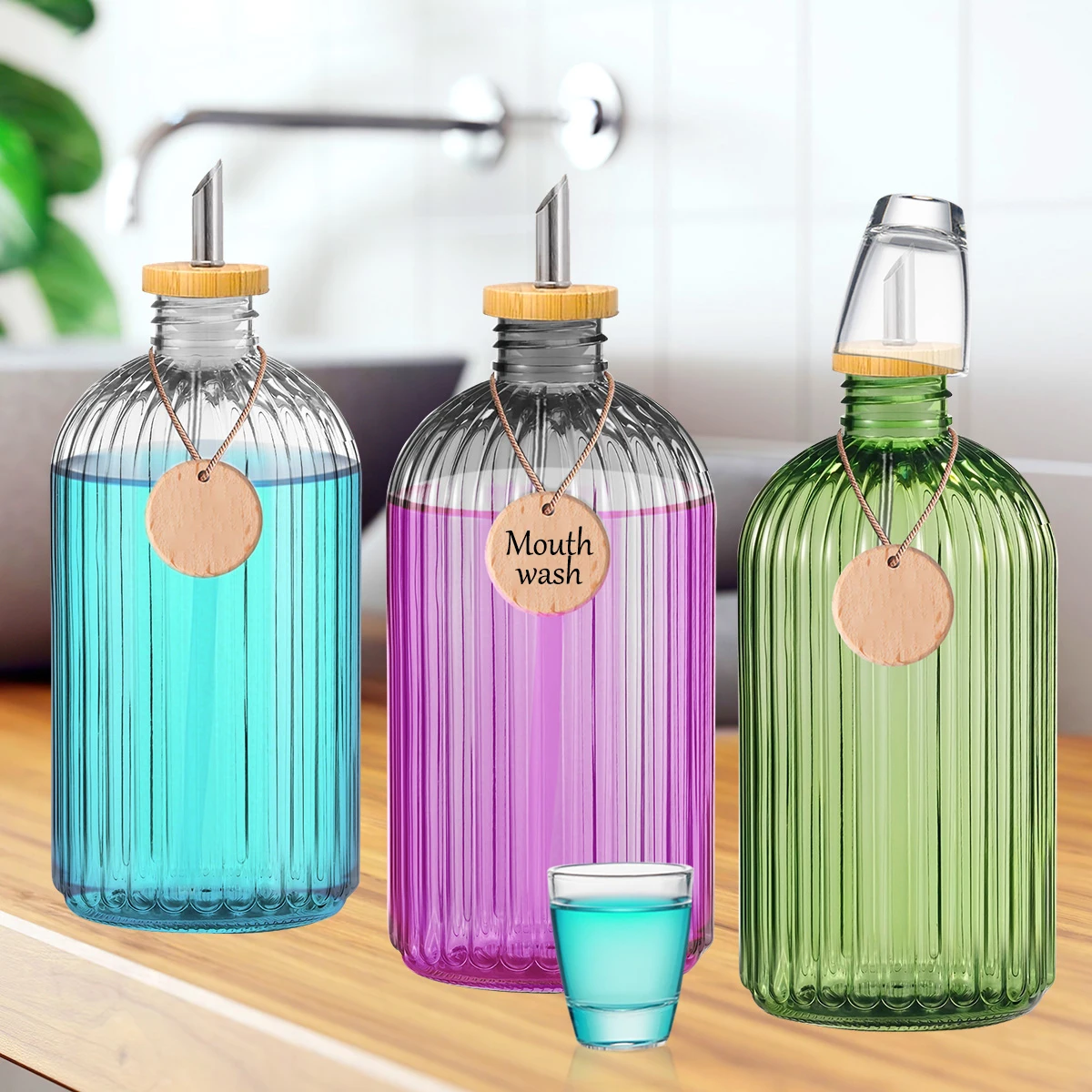 1 Set DIY Mundwasserspender für Badezimmer, wiederverwendbare Mundwasserflasche, Glasbecher und DIY-Etikett im Landhausstil