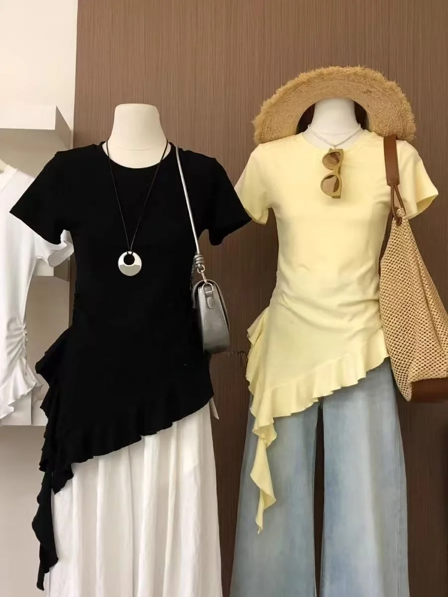 

Женская футболка больших размеров с коротким рукавом, летняя, новая, из нежного хлопка, с круглым вырезом, для полных женщин, скрывающая недостатки фигуры, стройнящий топ