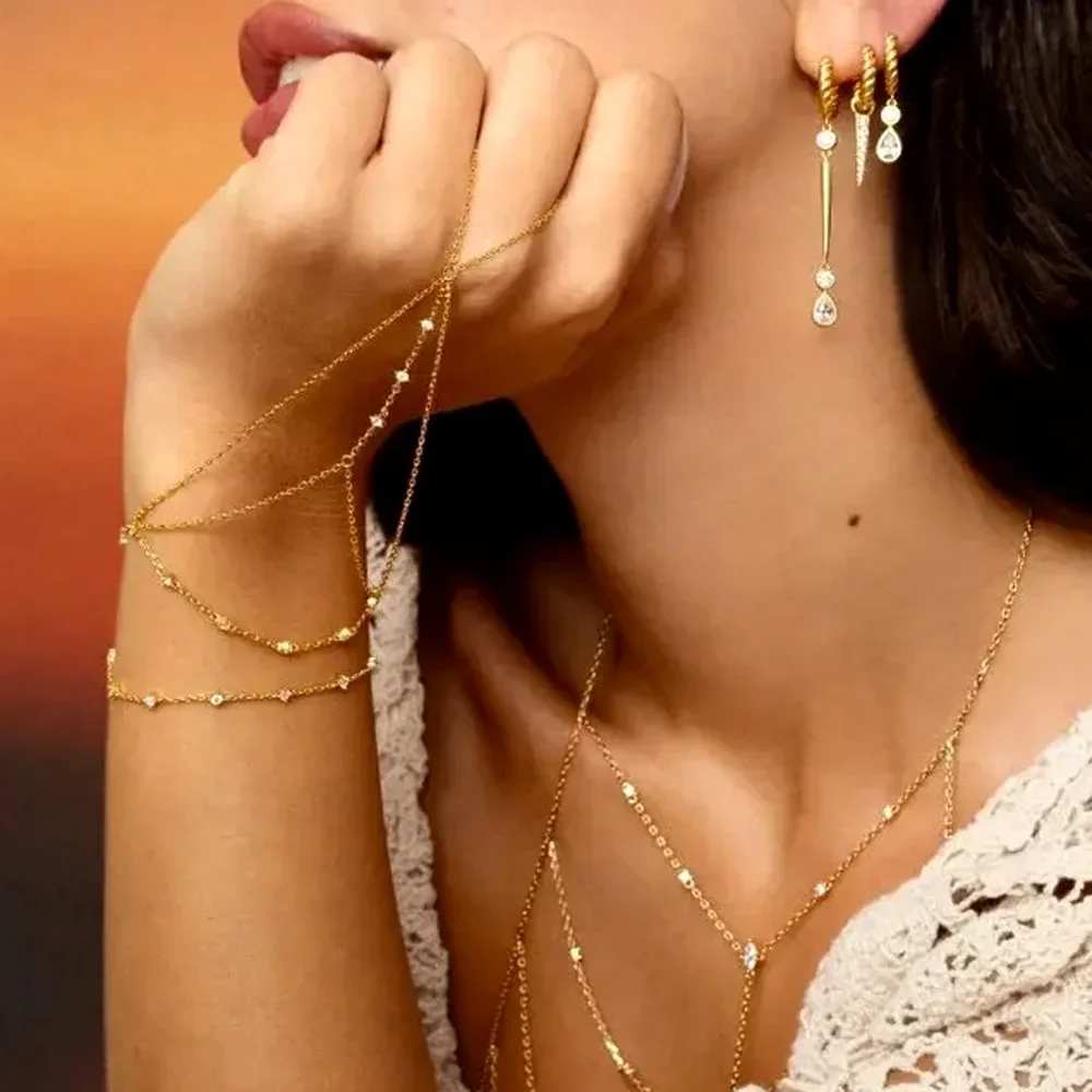 

2025 New Gold Color Micro Pave Clear CZ Tassel Hand Chain Bracelet with Round CZ Station Double Chain Fashion Women Jewelry