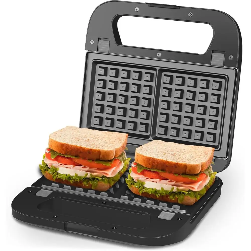 

3-in-1 Electric Sandwich Maker, Panini Grill, and Waffle Iron, Removable Non-Stick Plates, Indicator Lights, Cool Touch Handle,