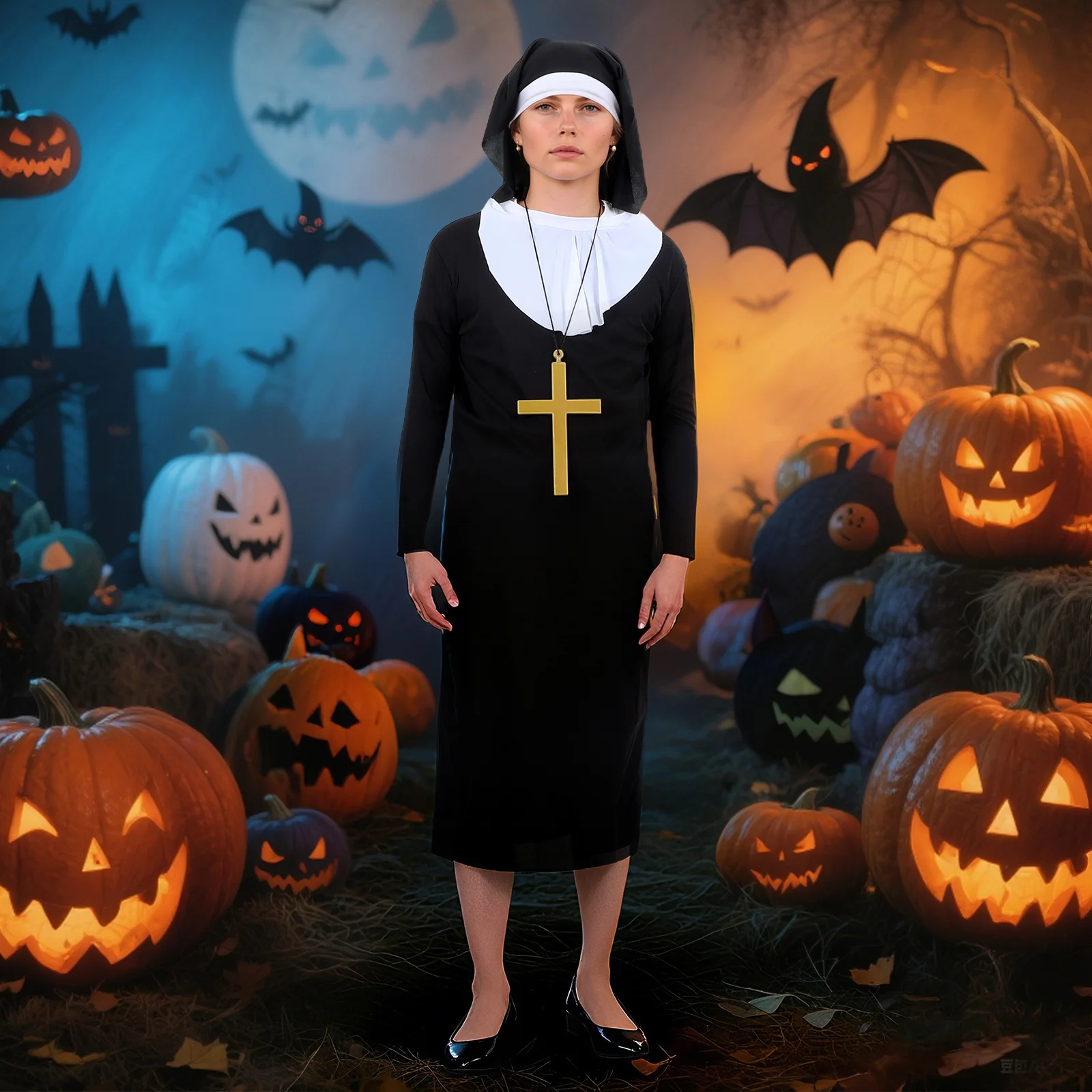 

Костюм монахини на Хэллоуин, комплект из 3 предметов, платок, большой золотой крест, удобные костюмы для косплея для женщин, костюмы на Хэллоуин для женщин