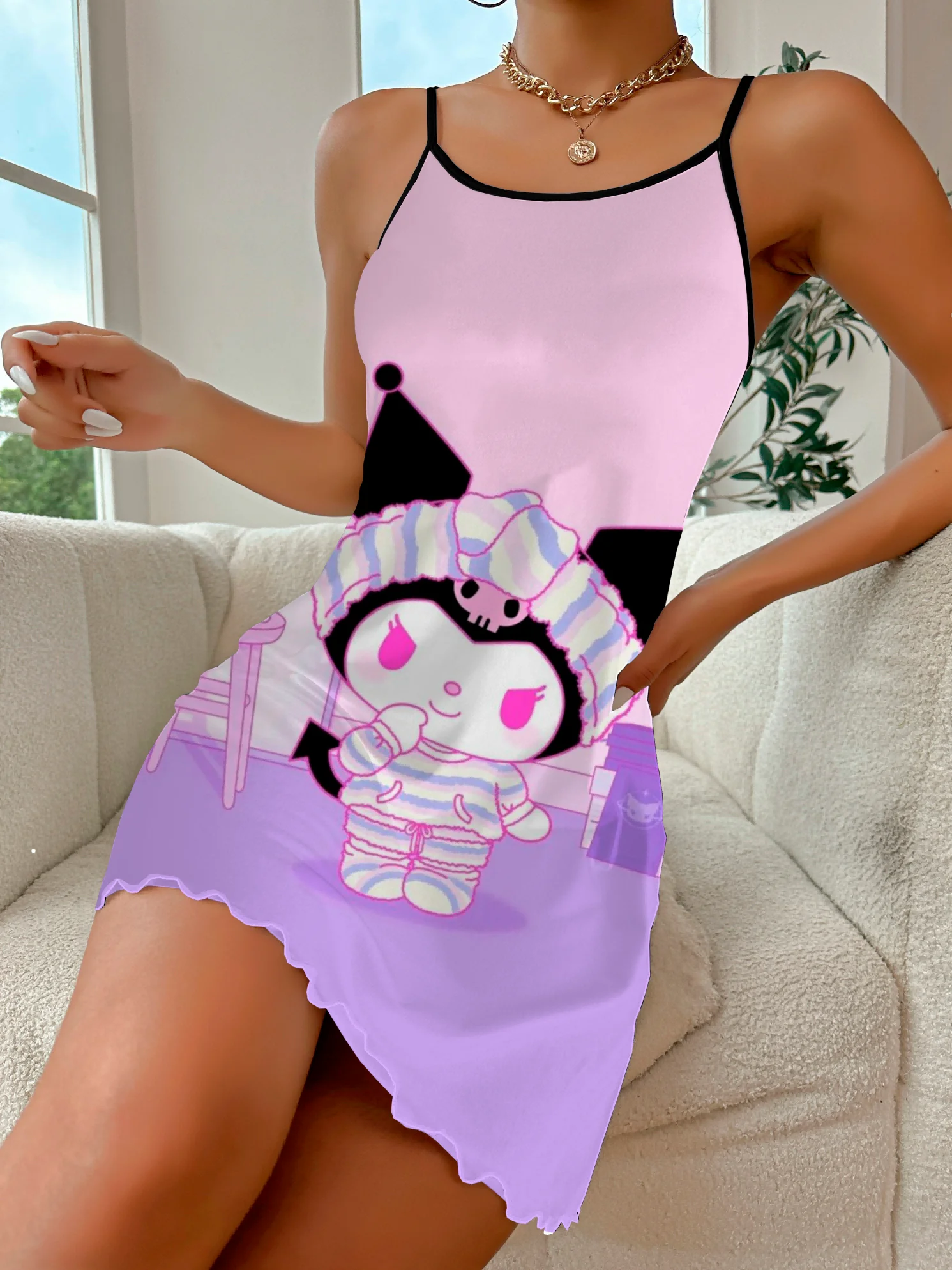 Disney-Mulheres Kuromi Alface Trim Gola Saia do Pijama, Vestidos Chiques Elegantes, Mini Sexy Home Fashion, Verão, 2022