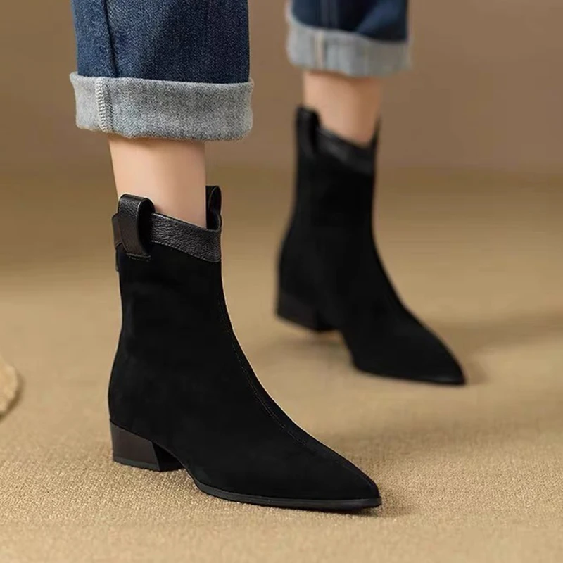 Women Pointed Toe Ankle Boots Heeled Shoes Designer Woman Short Boots 2026 Winter Trend Chunky Shoes Zip Chelsea Boots Zapatos