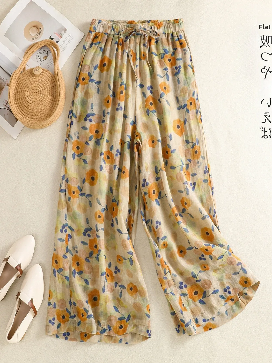 

Floral Print Lightweight Linen Wide Leg Pants Casual Dstring Loose Fit Straight Cut plus Size Women's Summer Trousers