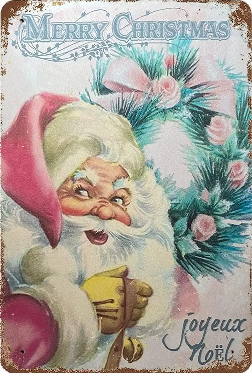 Vintage Metal Tin Sign Merry Pink Christmas Santa Claus Shabby Chic Tin Sign Poster Vintage Metal Signs for Bar Music Club Man C