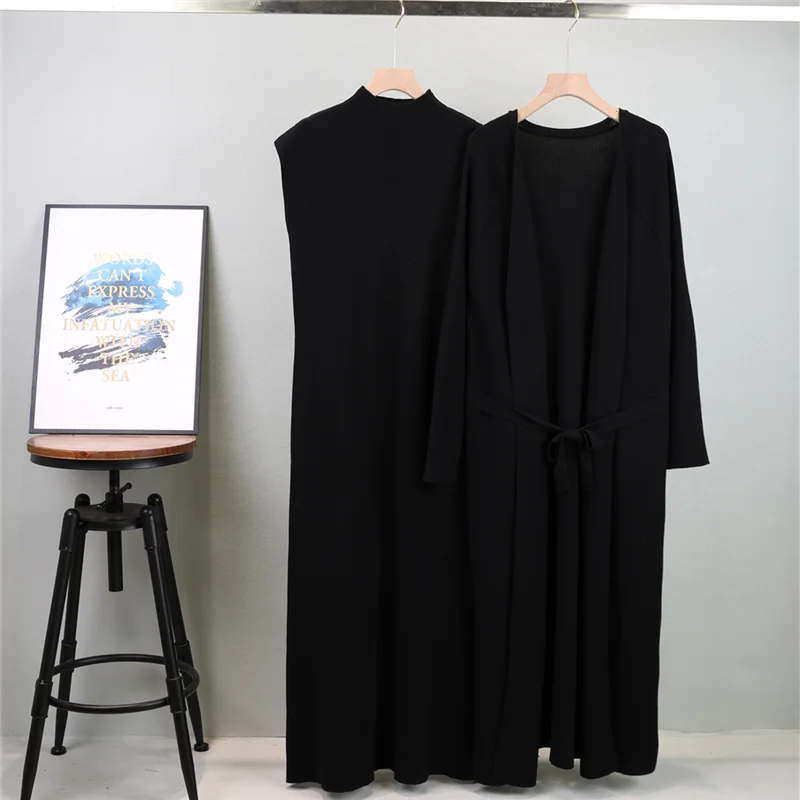 Women Knitted Suits Long Sleeve Cardigan Knit Long Coat And Sleeveless Long Dress 2 Piece Female Autumn Knitted Sweater Set