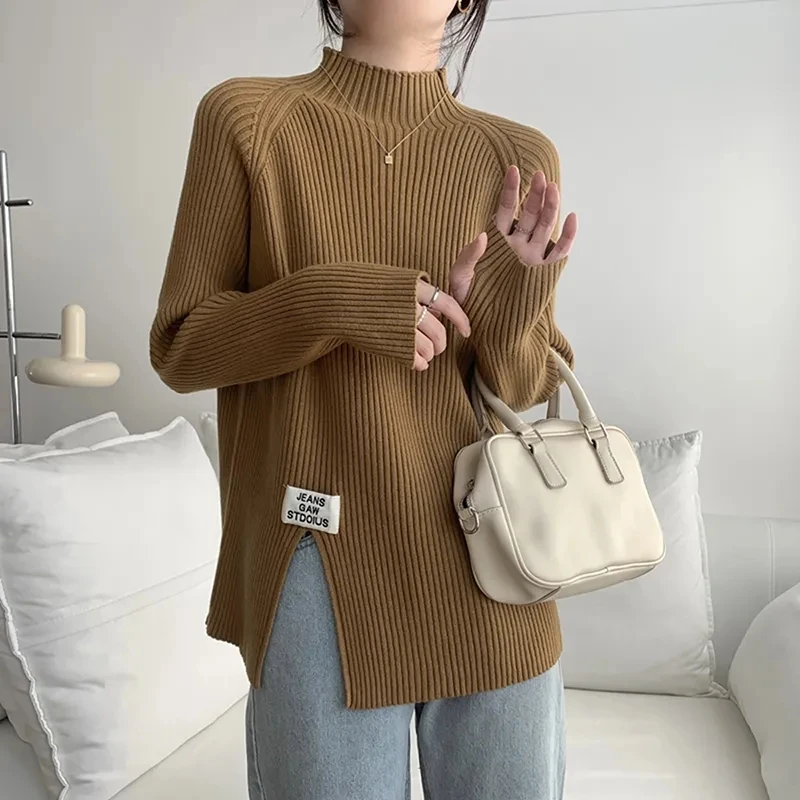 

Yasuk Autumn Winter Female Fashion Casual Turtleneck Pullover Women's Loose Sexy Gentle Versatile Warm Irregularly Forked