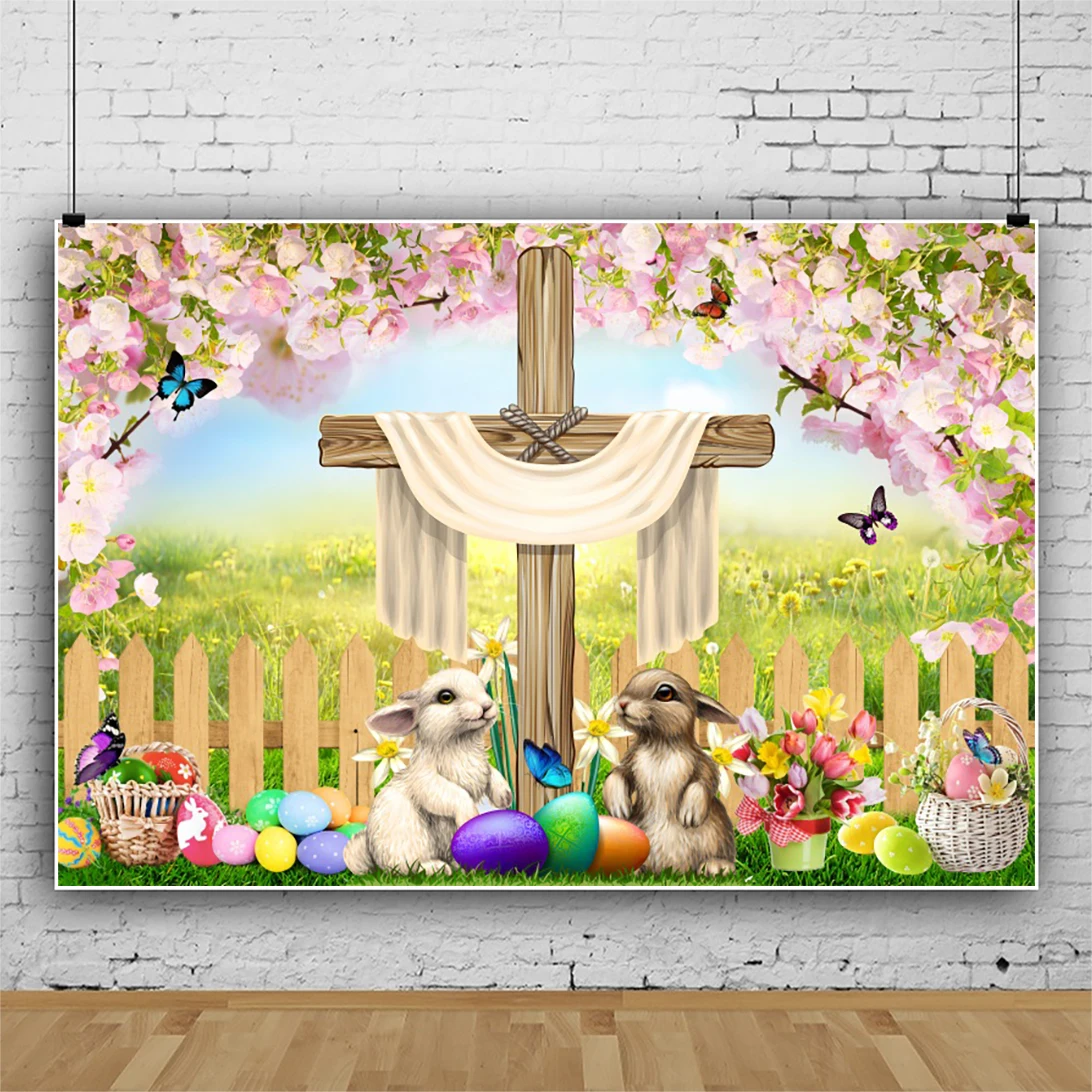 Fond de photographie de Pâques, croix, œufs, lapin, vert, ange, floral, croyance religieuse, église, chrétien, joyeux Pâques, accessoires de toile de fond