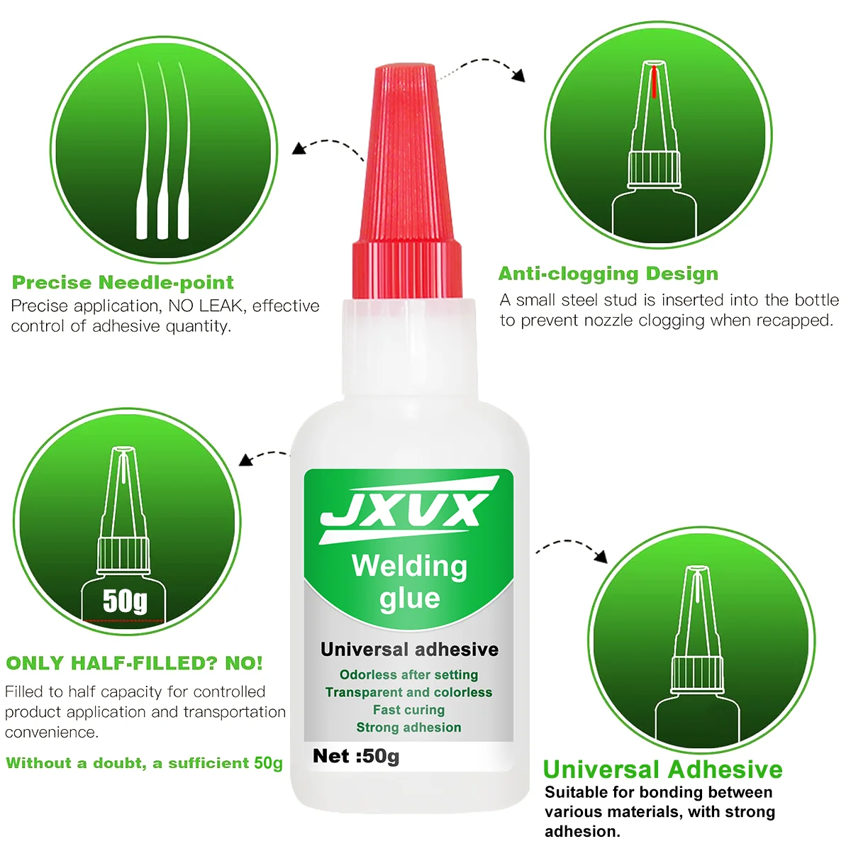 JXVX50g perekat transparan super universal berkekuatan tinggi untuk pengelasan, perekat perbaikan tanpa bekas, perekat instan yang kuat, perekat cair super untuk alat kaca dan keramik.