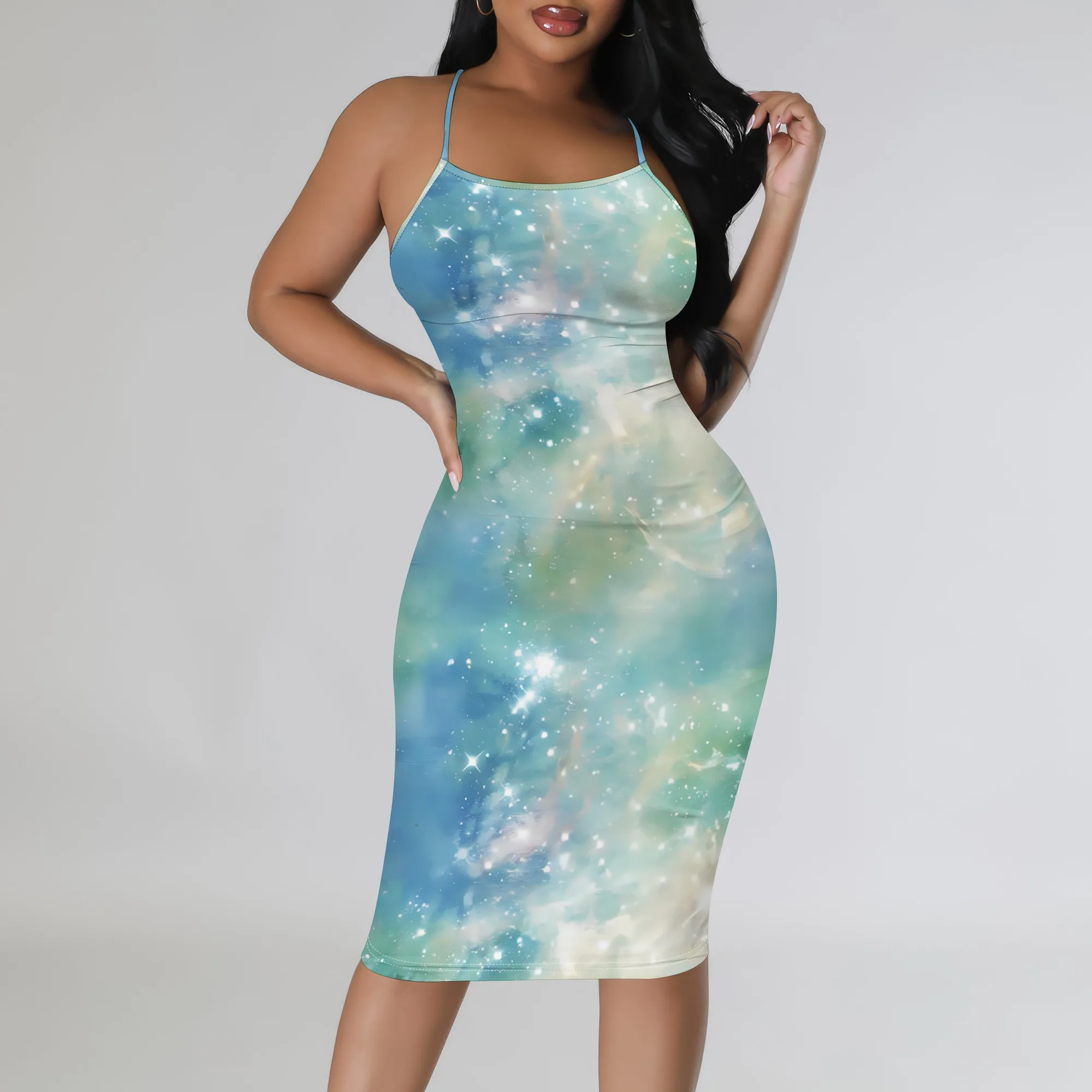 

Nupusa Galaxy Print Dress for Women Summer Casual Spaghetti Strap Bodycon Dress