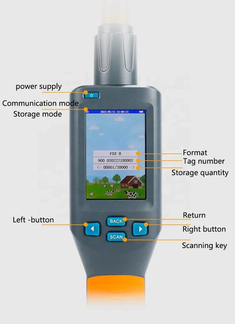 OTPS long stick sheep ear tag handheld scanner 134.2khz Fdx/hdx portable cattle rfid reader animal ear tag stick chip scanner