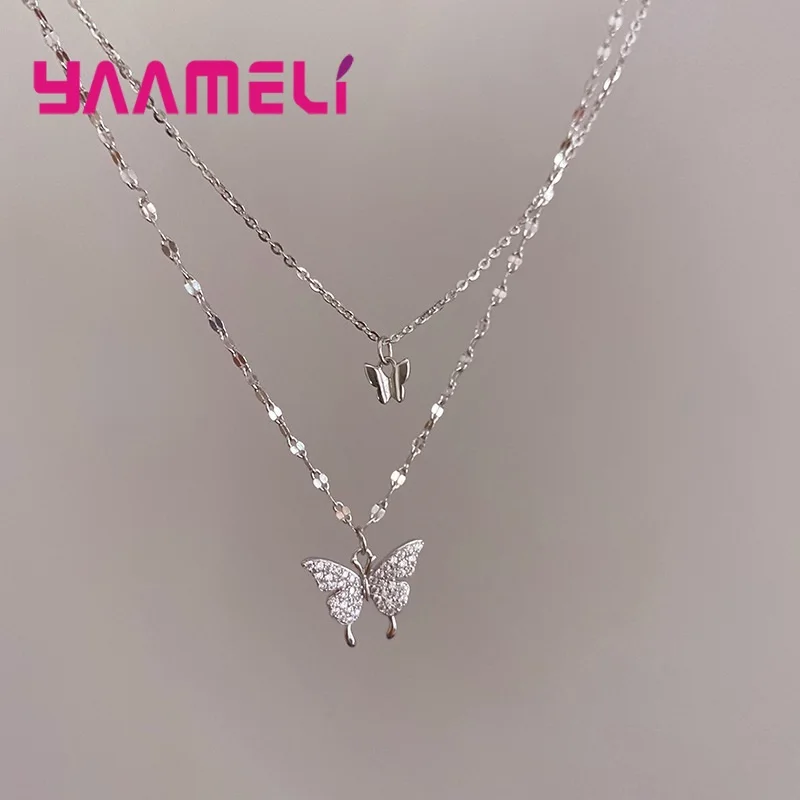 

Korean 925 Sterling Silver Color Flash Rhinestone Butterfly Double Layer Necklace for Women Crystal Wedding Jewelry Gifts
