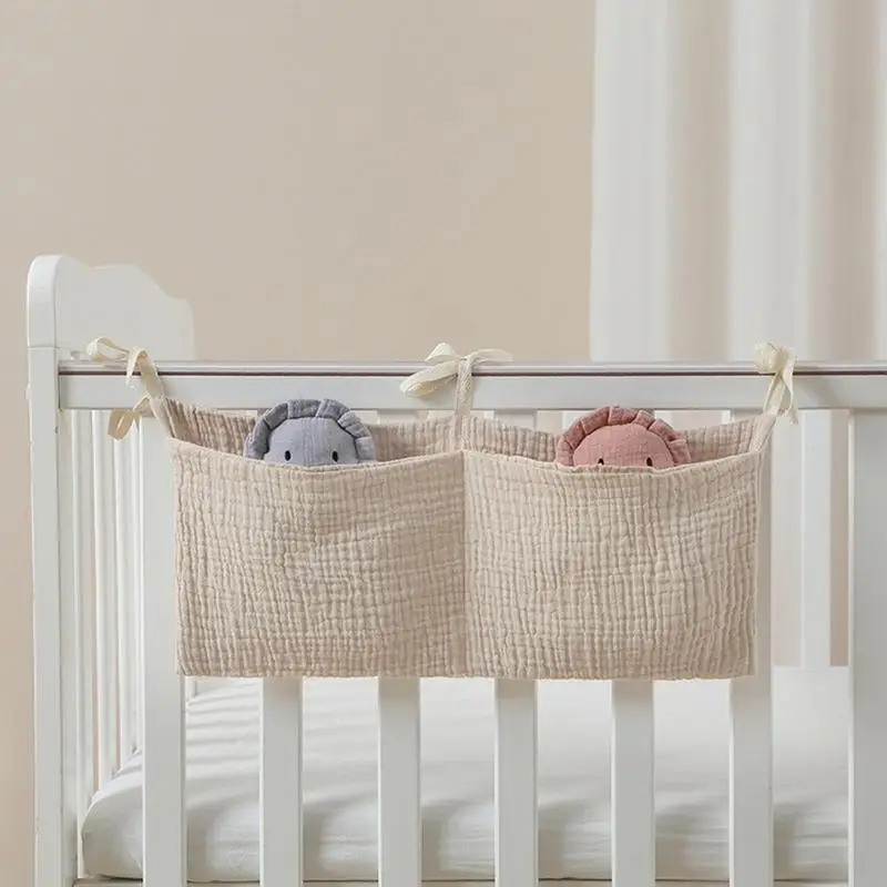 Crib Storage Caddy Nursery Diaper Crib Organizer Portable Bedside Bag Cotton Organizing Bag With 2 Pockets Multiple-Use Baby