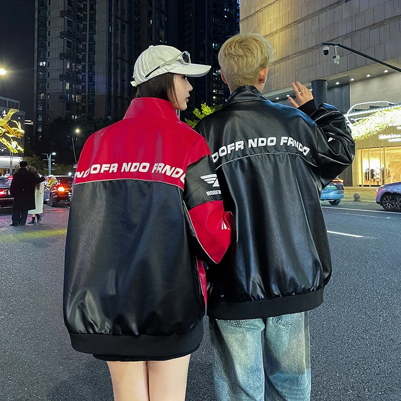 Men's Leather Clothing Autumn Winter New Color Block Trend Alphabet Print Outdoor Travel Stand Collar Coat Men PU Leather Jacket - Image 2