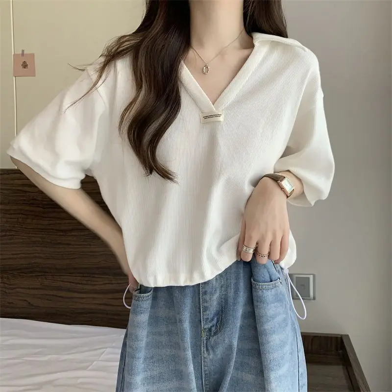 Women Summer Simplicity Loose Solid Color V-neck Short Sleeve T-Shirt Women Clothes Casual All-match Appear Thin Trend Top Tee