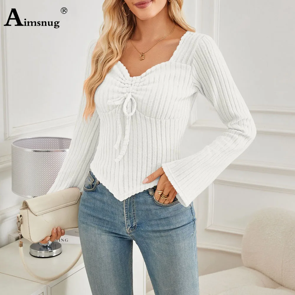 

2024 New Autumn Bow Knitted Tops Women Long Sleeves Elegant Leisure Sexy V Neck Basic T-Shirt Ladies Fashion Striped Tees Shirt