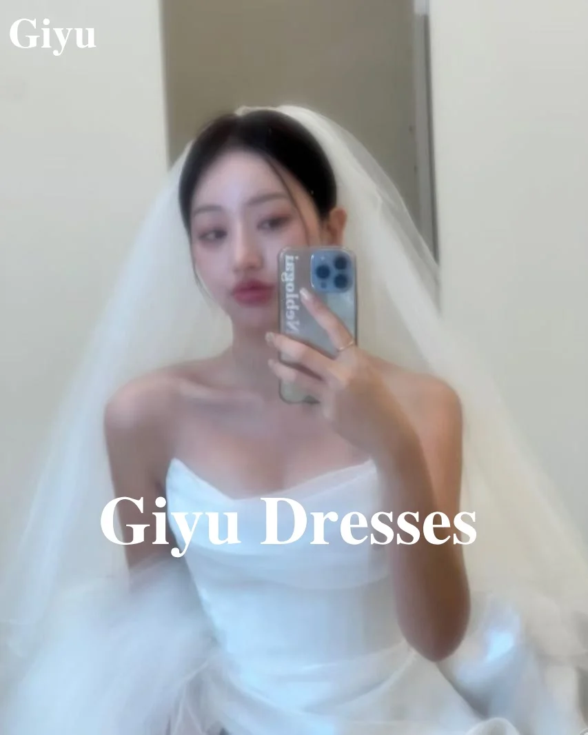 Giyu White Satin Princess Wedding Korean Women Off The Shoulder Sweep Train Bridal Gowns Formal Prom Dresses Party Dresses