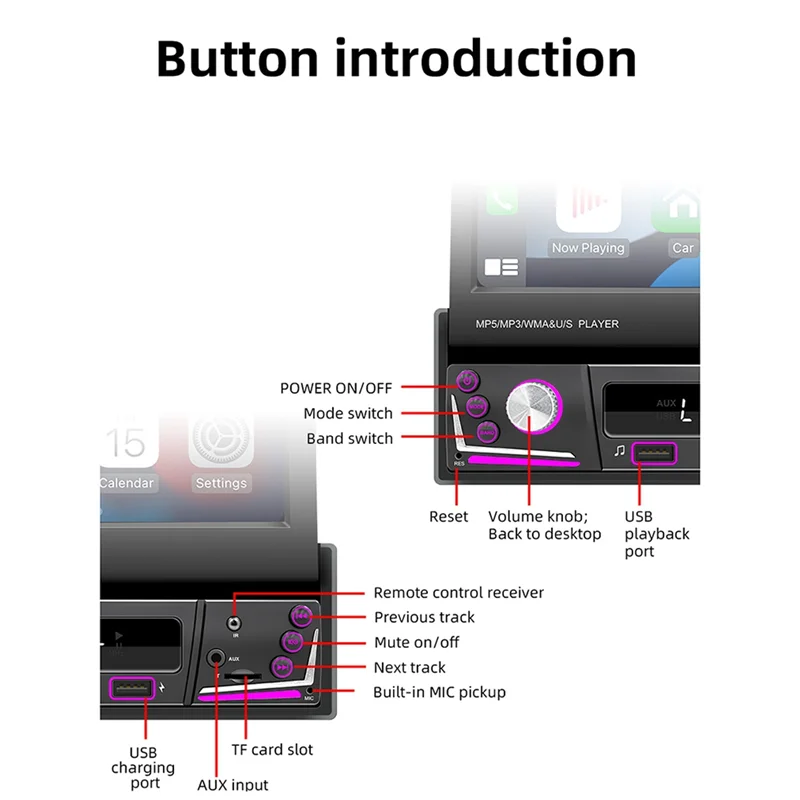 

7Inch Car Electric Telescopic Screen Wireless CarPlay Android Auto Car Portable Radio Bluetooth MP5 FM Receiver the Host