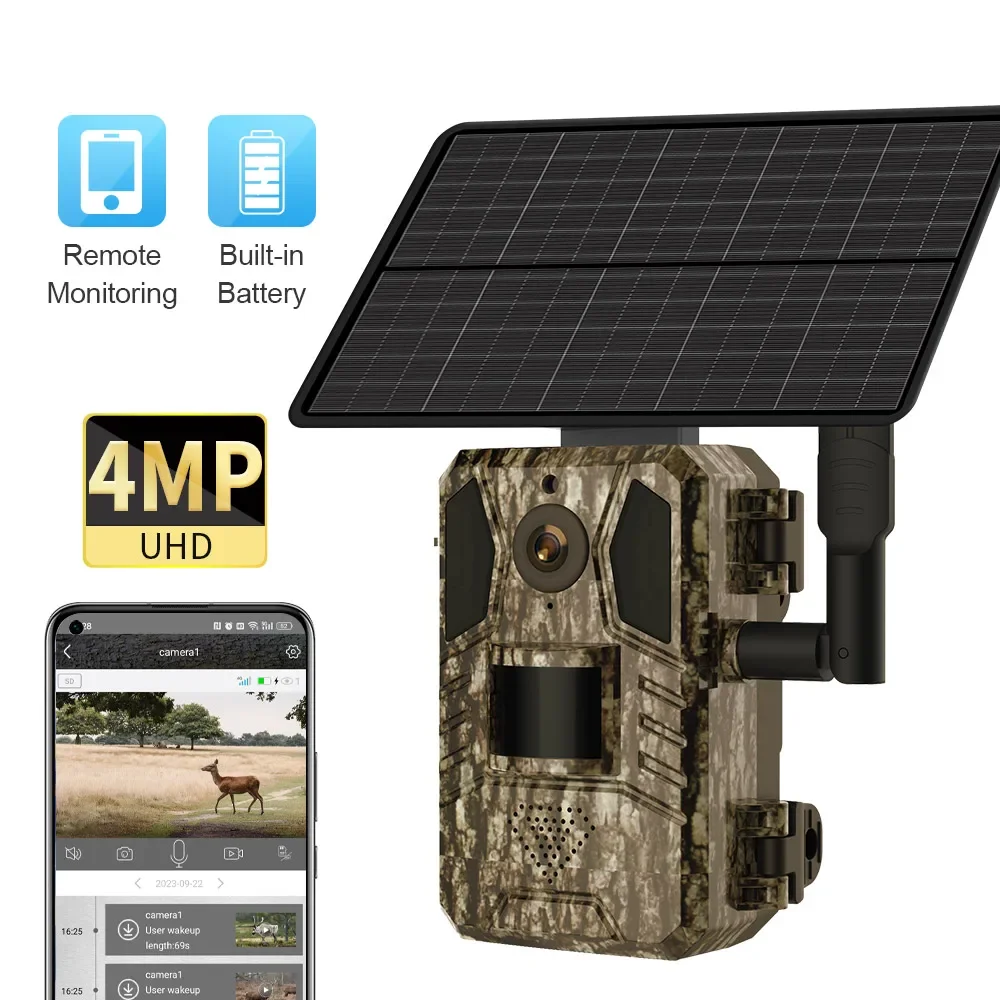 

4G SIM Card Solar Hunting Trail Camera Two-way Voice Intercom 14MP IP66 Waterproof 20M PIR Motion Detection Wildlife Camera