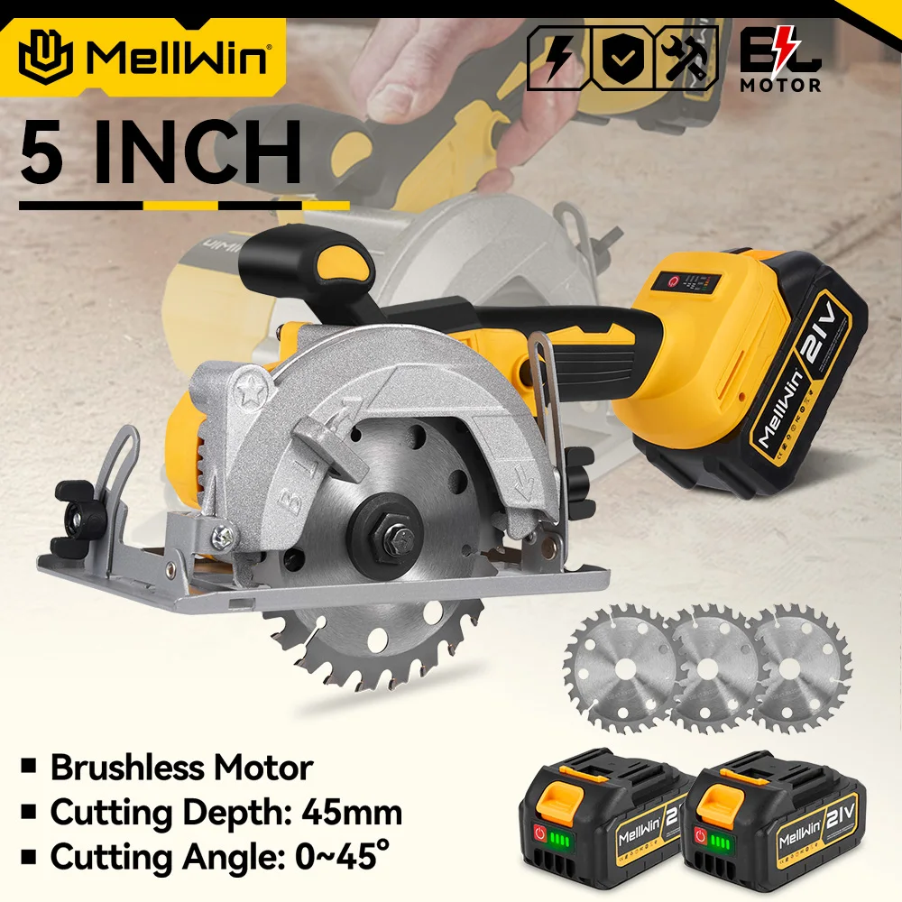 MELLWIN 5 Zoll 125MM Bürstenlose Elektrische Kreissäge Handgeführter Multifunktionaler Holz- und Metallschneider Elektrowerkzeug für 21V 18V Akku