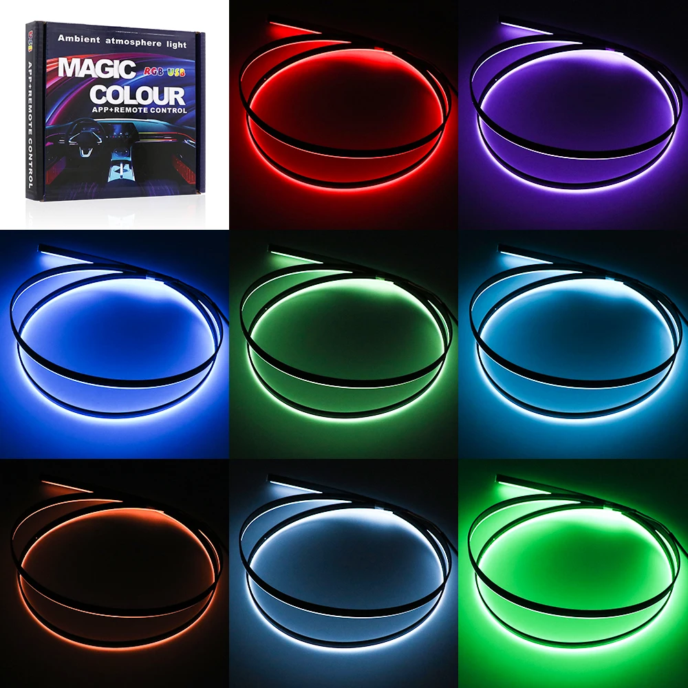 RGB Car Light Strip 64 Colors Acrylic Neon LED 110cm Ambient Atmosphere Interior Hidden With APP Remote Control Decorative Lamp