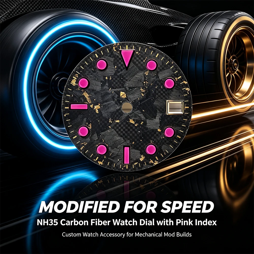 custom Carbon Fiber NH35 Watch Dial With Gold Foil Pink Index Date Window Fit NH35 Movement Watch Modified Parts