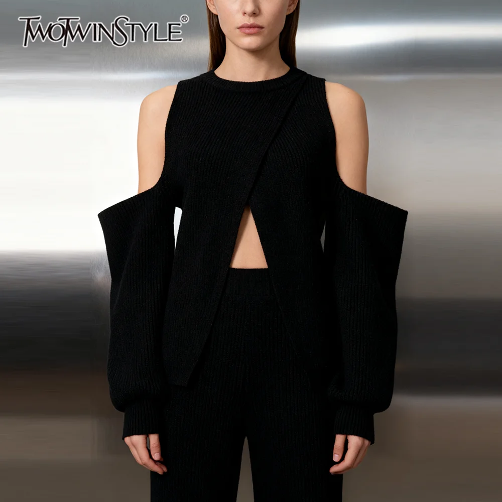 

TWOTWINSTYLE Solid Slimming Fashion Sweaters for Women Round Neck Off Shoulder Sleeves Split Sweater Female Autumn Clothing New